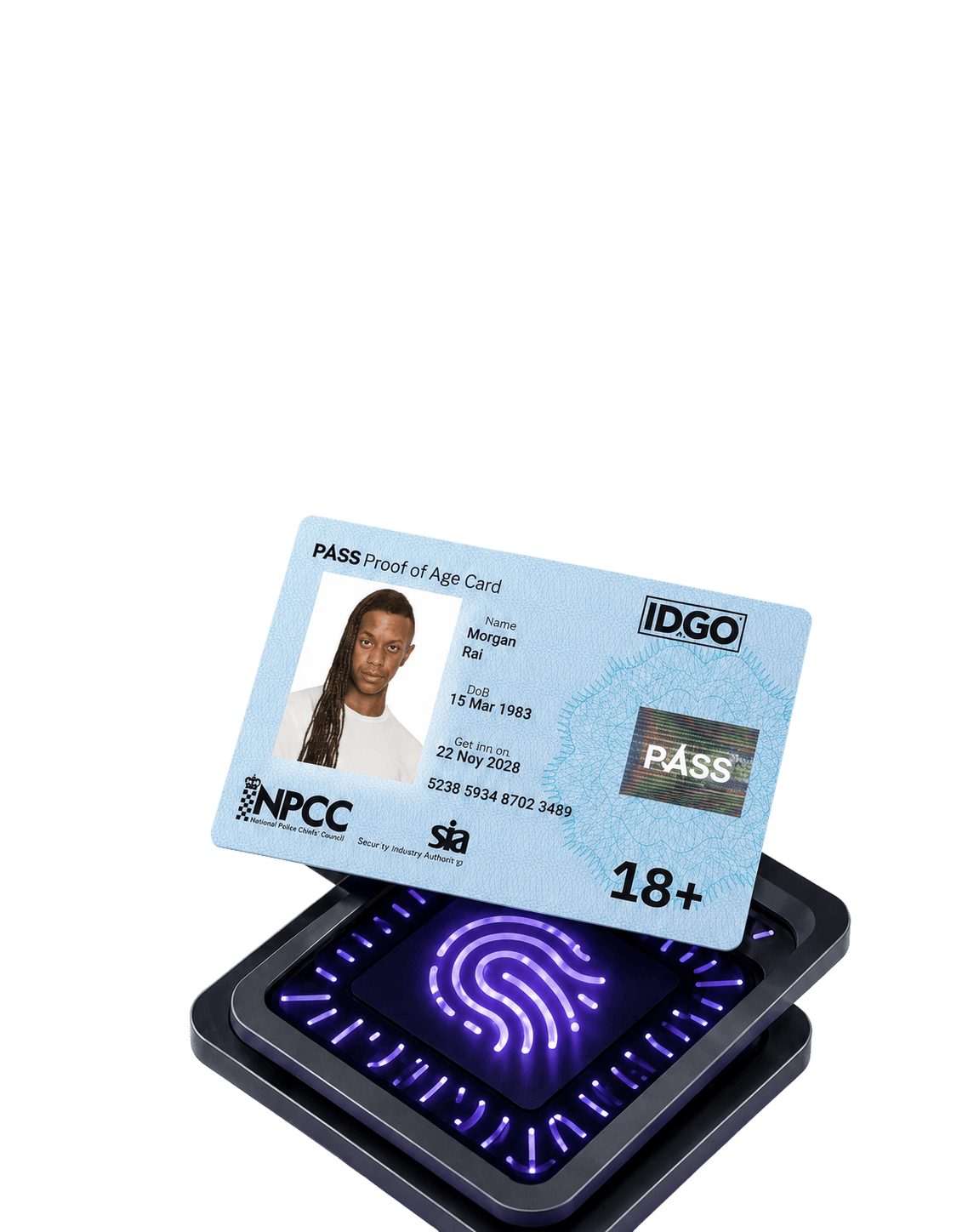 IDGO proof of age card on a fingerprint scanner